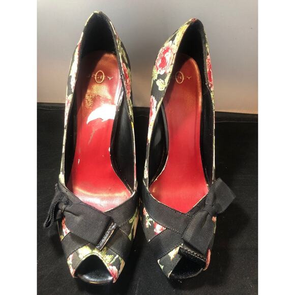 Joey O Floral Print Peep Toe Heels with Bow - Picture 1 of 9